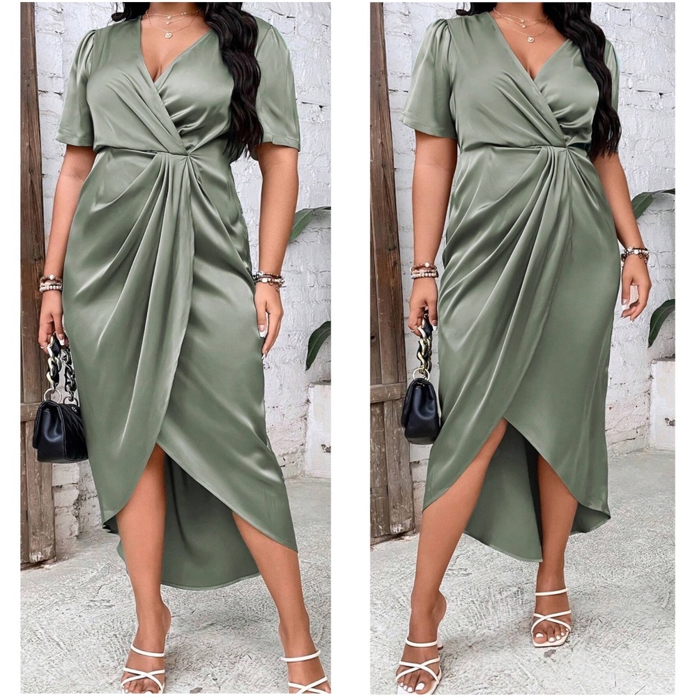Luxe Satin Surplice Short Sleeve Evening Party Dress - Picture 7 of 9